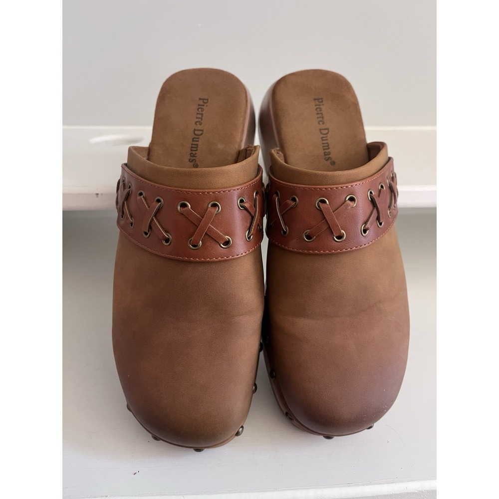 Pierre Dumas Women's 8.5 Brown Studded Mule Clog Round Toe Slip-On Block Heel - Picture 2 of 6